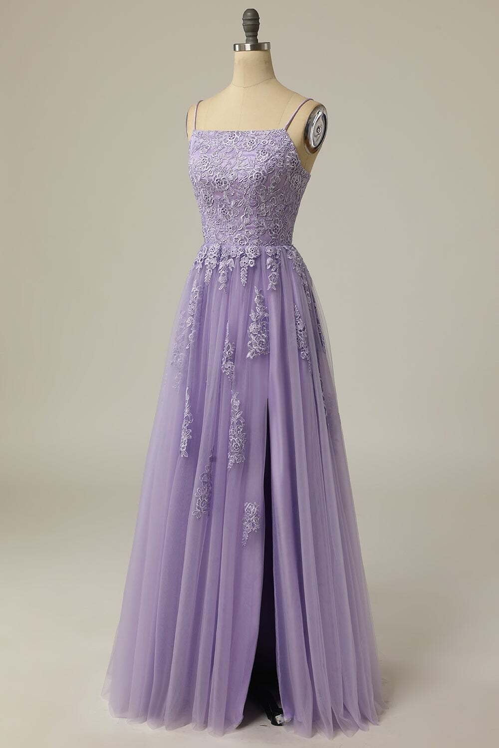 Straps Lavender A-line Appliques Long Prom Dress