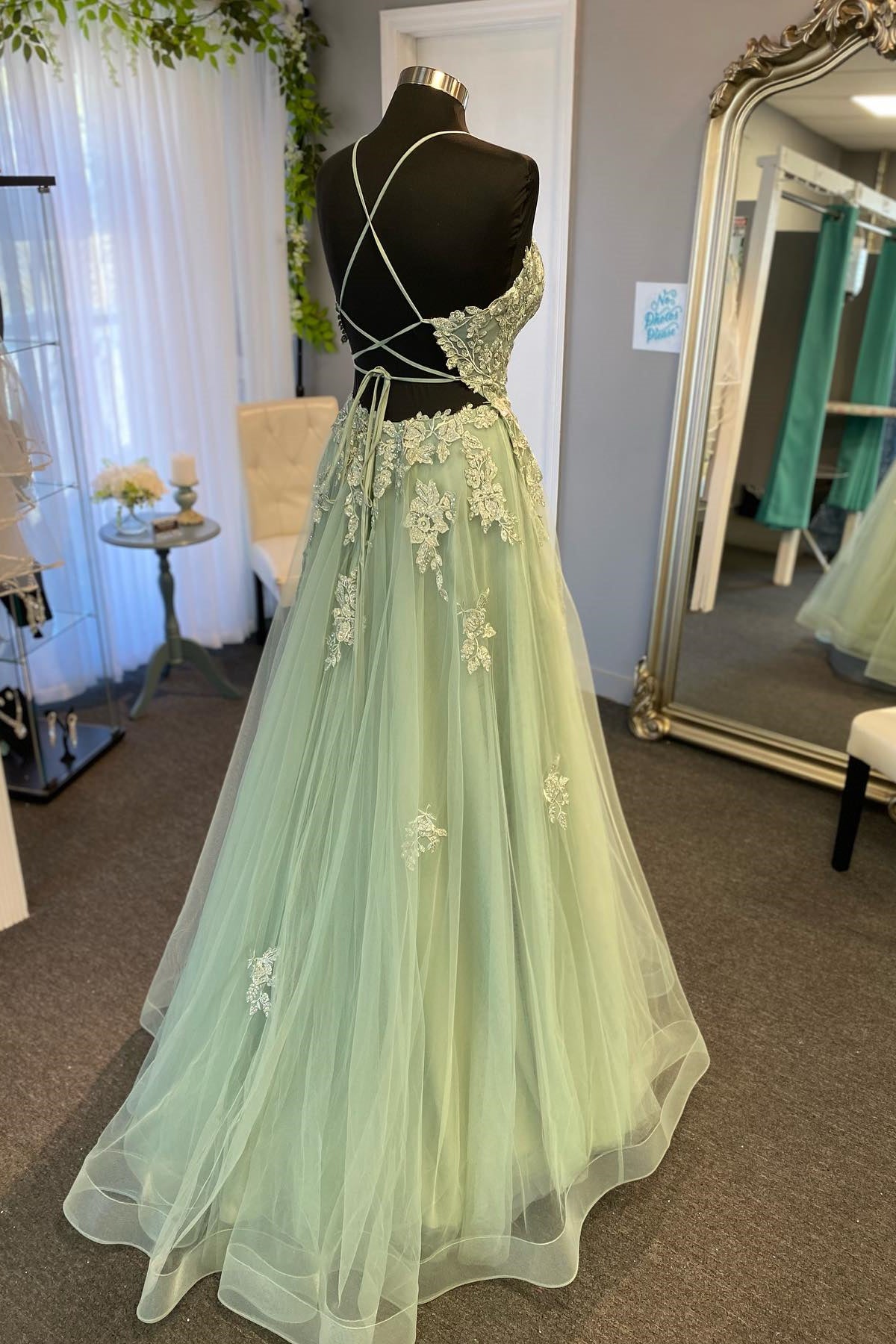 Straps Sage Green Appliques A-line Long Formal Dress