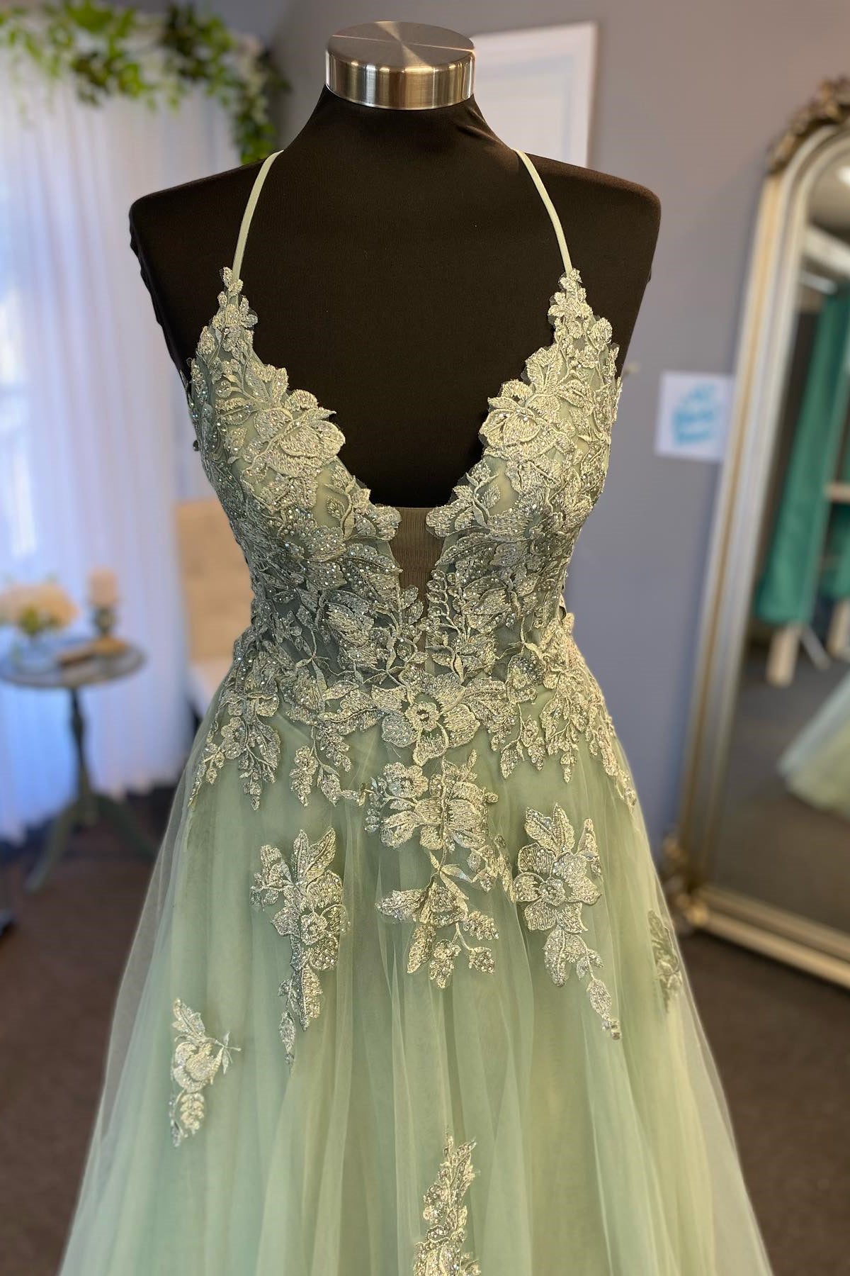 Straps Sage Green Appliques A-line Long Formal Dress