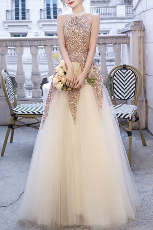 Stunning Gold Sequins Long Evening Dress with High Neck