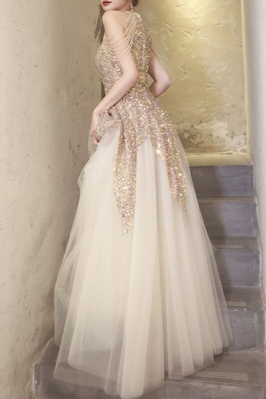 Stunning Gold Sequins Long Evening Dress with High Neck