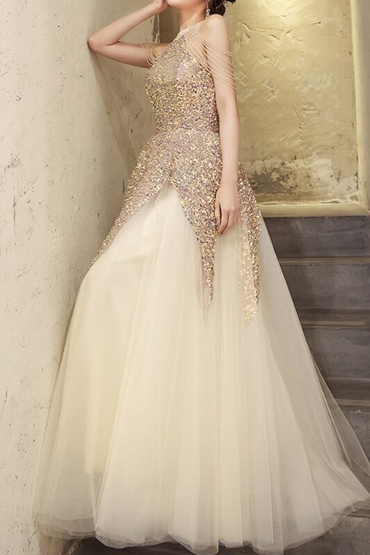 Stunning Gold Sequins Long Evening Dress with High Neck