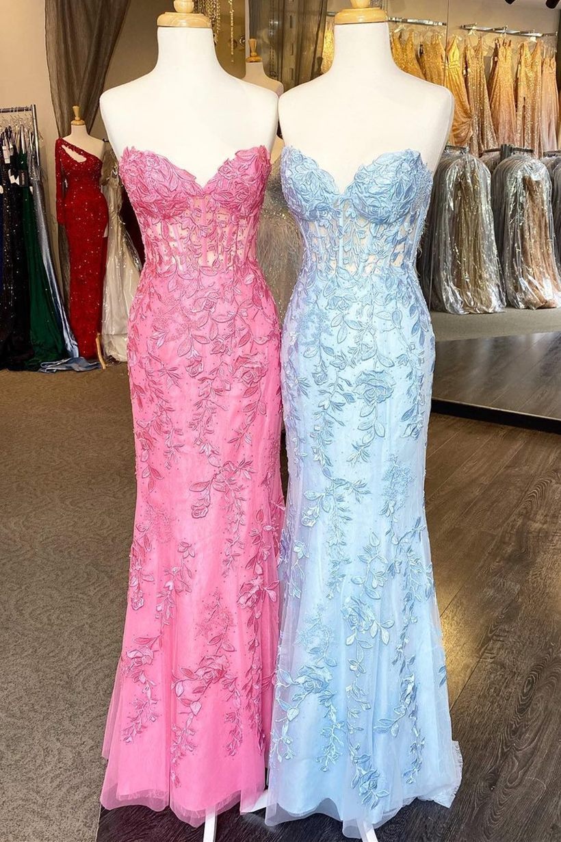 Mermaid Hot Pink Lace Long  Prom Dresses, Hot Pink Mermaid Lace Formal Evening Graduation Dresses main image 1