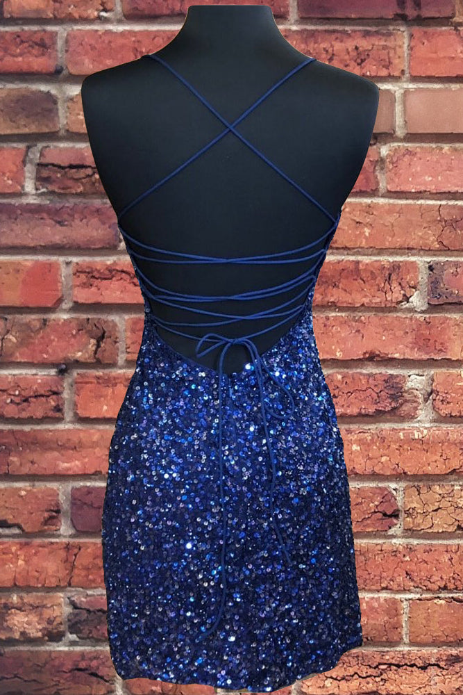 Tight Red Sequins Short Party Dress with Lace Up Back