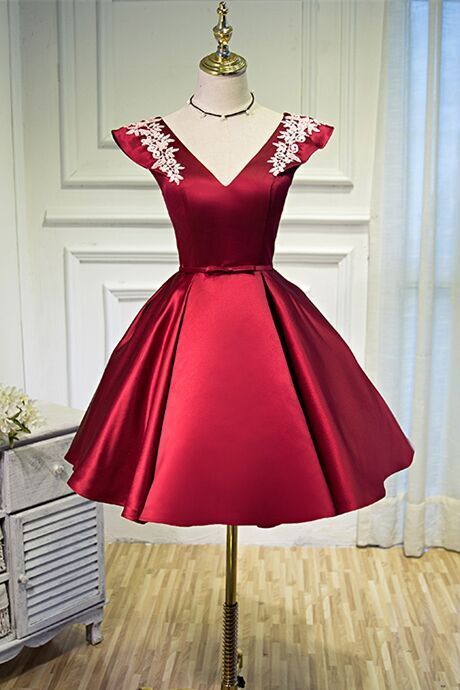 Wine Red Satin Short Party Dress with Cap Sleeves