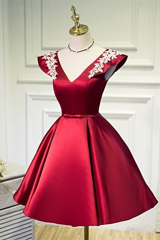 Wine Red Satin Short Party Dress with Cap Sleeves
