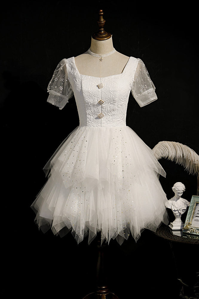 Short Sleeves White A-line Party Dress