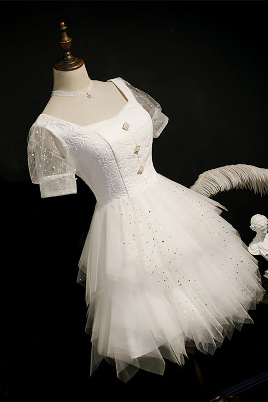 Short Sleeves White A-line Party Dress