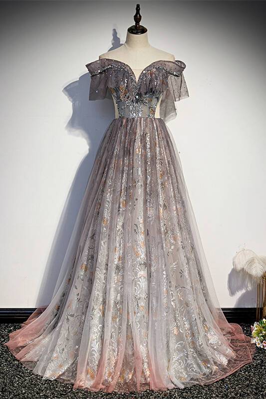 Black Floral Off the Shoulder Long Evening Dress