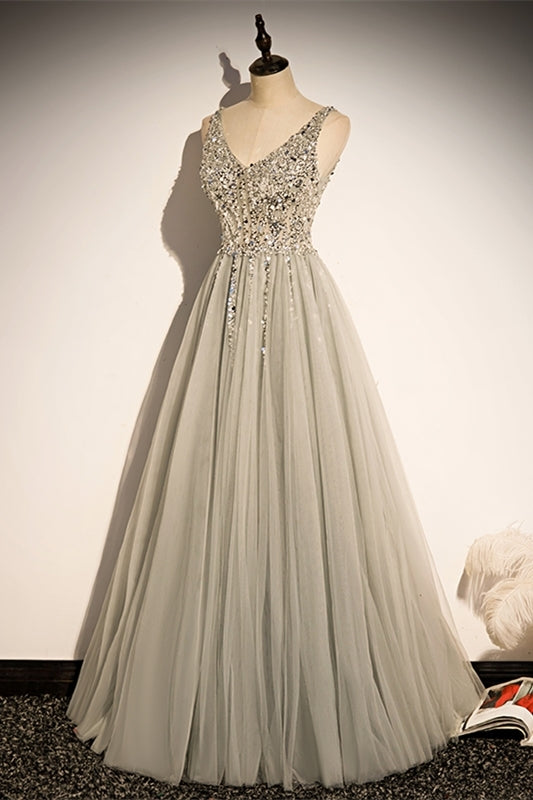 Classic A-line Grey and Silver Sequins Formal Dress