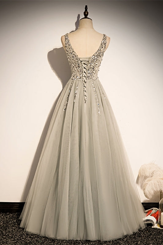 Classic A-line Grey and Silver Sequins Formal Dress