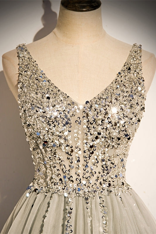Classic A-line Grey and Silver Sequins Formal Dress