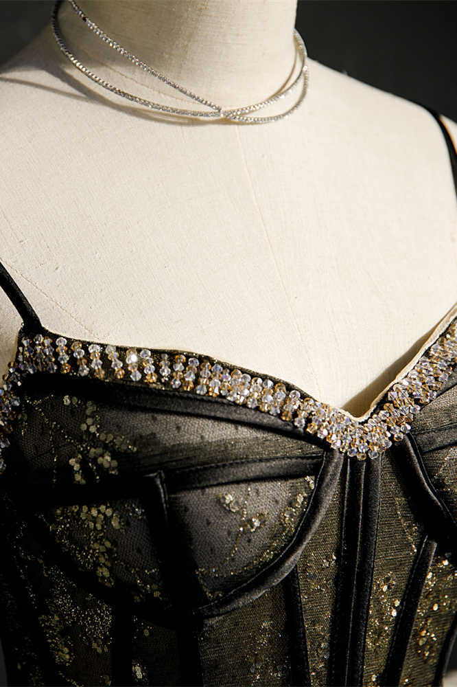 Short Black A-line Party Dress with Diamonds