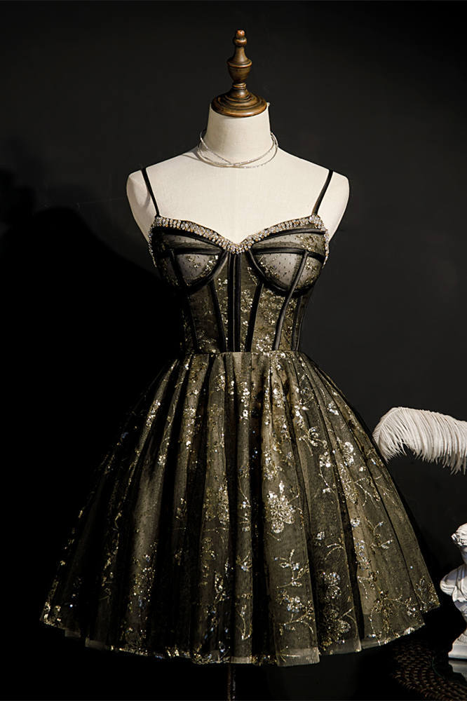 Short Black A-line Party Dress with Diamonds