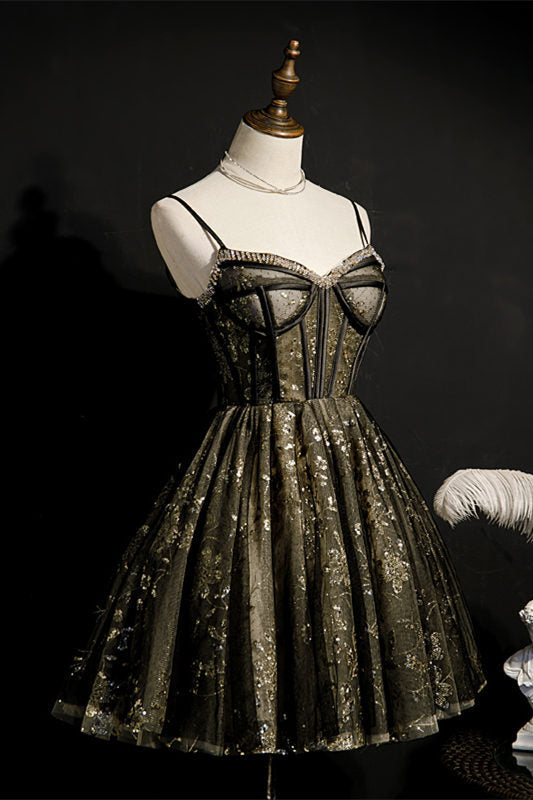 Short Black A-line Party Dress with Diamonds