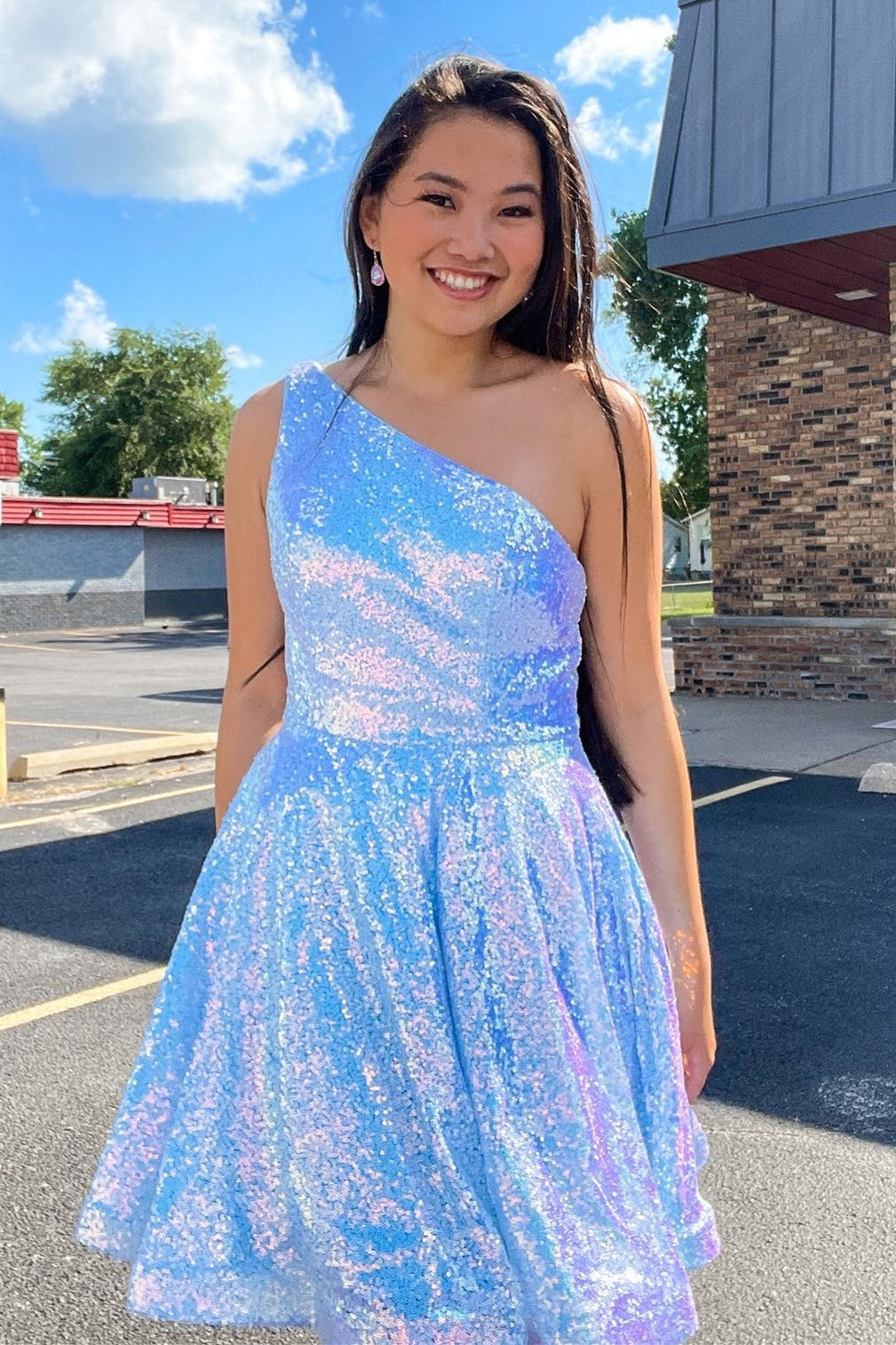 homecoming dresses one shoulder Blue Sequin Short A-line Dress Dance floor icon. 1820s Biedermeier blue melange Destination Size:3XL (24/26)
