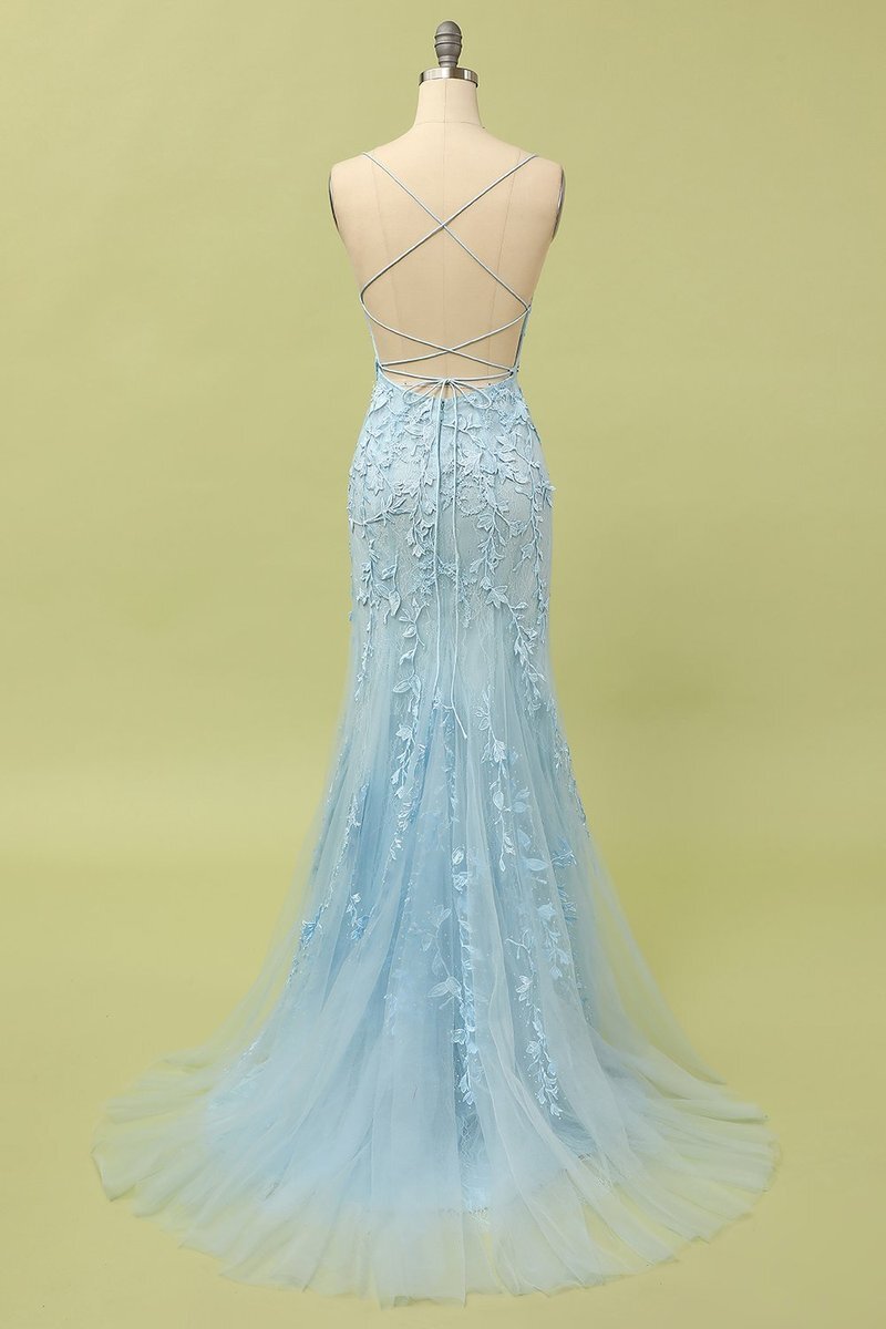 Straps Mermaid Blue Lace Appliqued Long Prom Dress