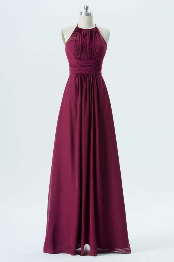 A-line Halter Burgundy Chiffon Long Prom Dresses,Simple Pageant Dresses