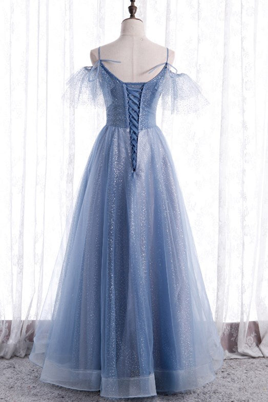 Blue A-line Long Formal Dress with Spaghetti Straps