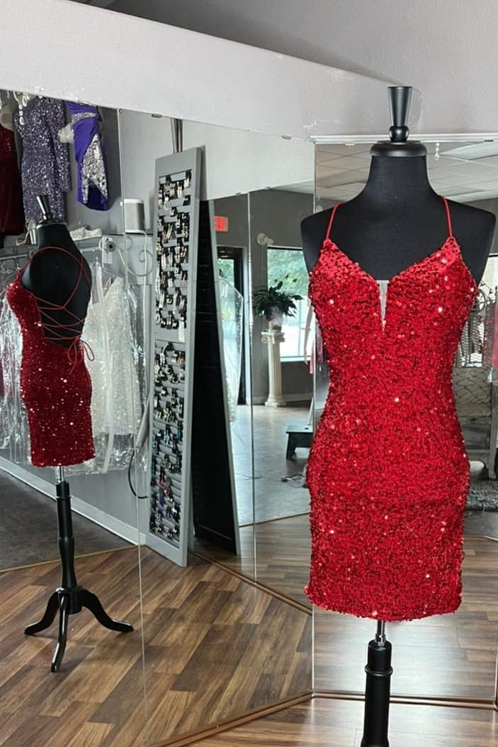 Red Sequin Straps V Neck Lace Up Homecoming Dress