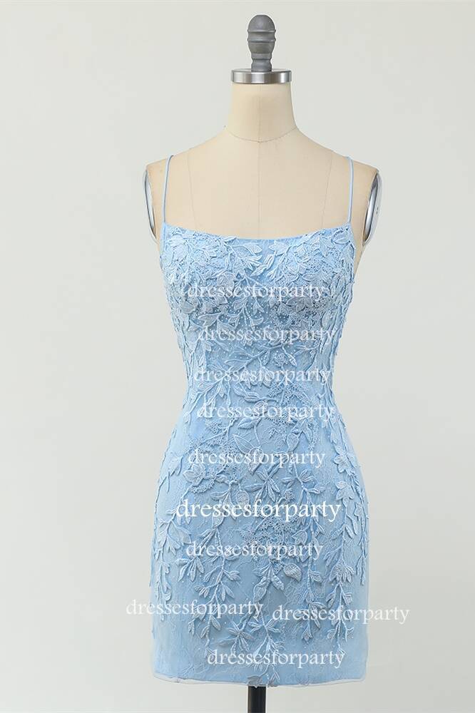Tight Light Blue Lace Short Homecoming Dress