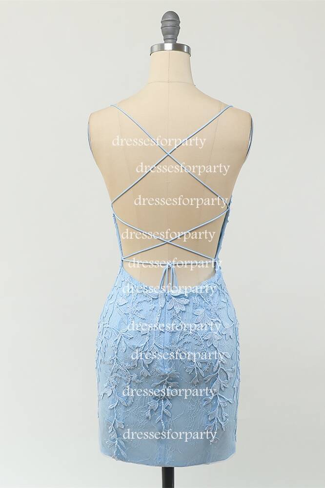 Tight Light Blue Lace Short Homecoming Dress