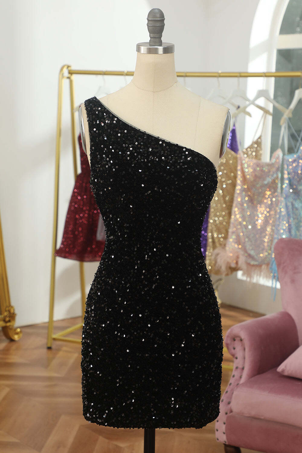 Black Sequin One Shoulder Bodycon Mini Party Dress – Dressesforparty