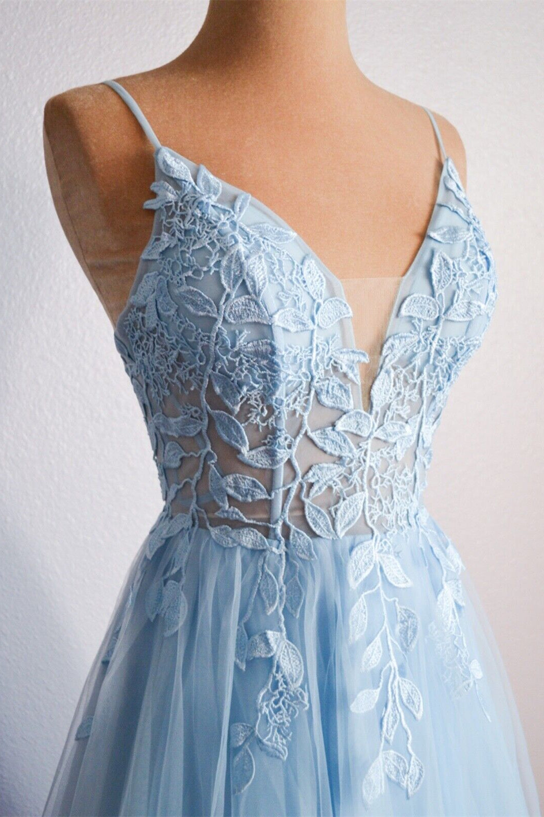 Straps Light Blue Tulle and Lace Appliques Long Formal Dress