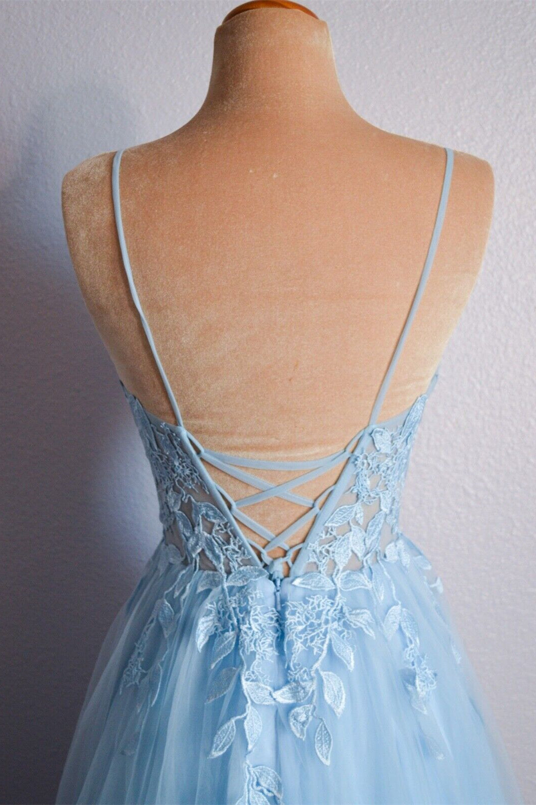Straps Light Blue Tulle and Lace Appliques Long Formal Dress