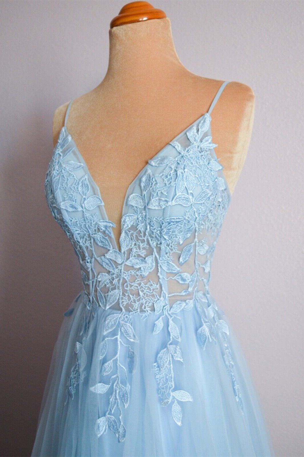 Straps Light Blue Tulle and Lace Appliques Long Formal Dress