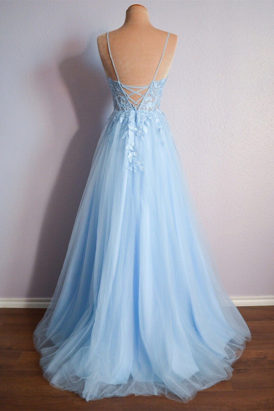 Straps Light Blue Tulle and Lace Appliques Long Formal Dress