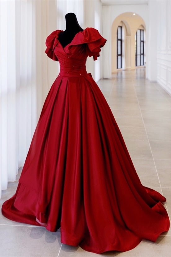 Red Ball Gown with Bell Sleeves and Lace UP Back