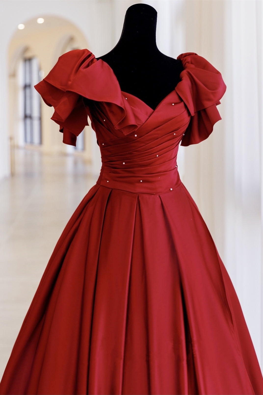 Red Ball Gown with Bell Sleeves and Lace UP Back