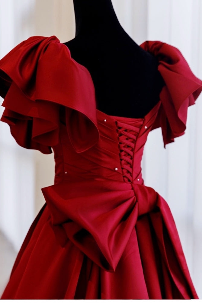 Red Ball Gown with Bell Sleeves and Lace UP Back