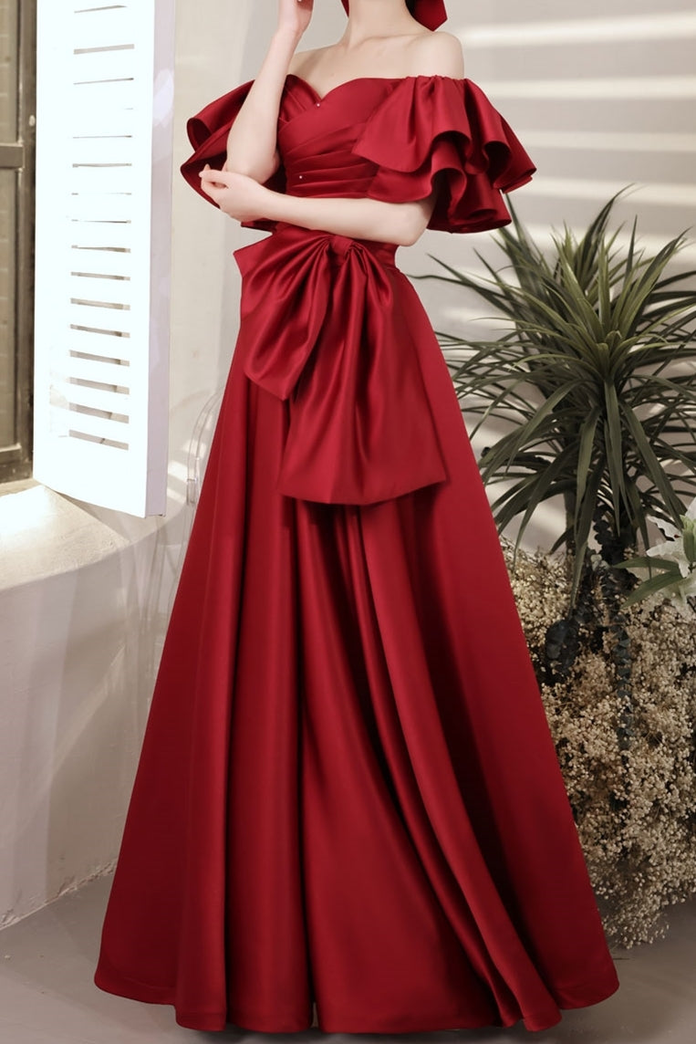 Red Ball Gown with Bell Sleeves and Lace UP Back