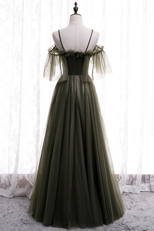 Off the Shoulder Dark Green Pleated Long Formal Dress