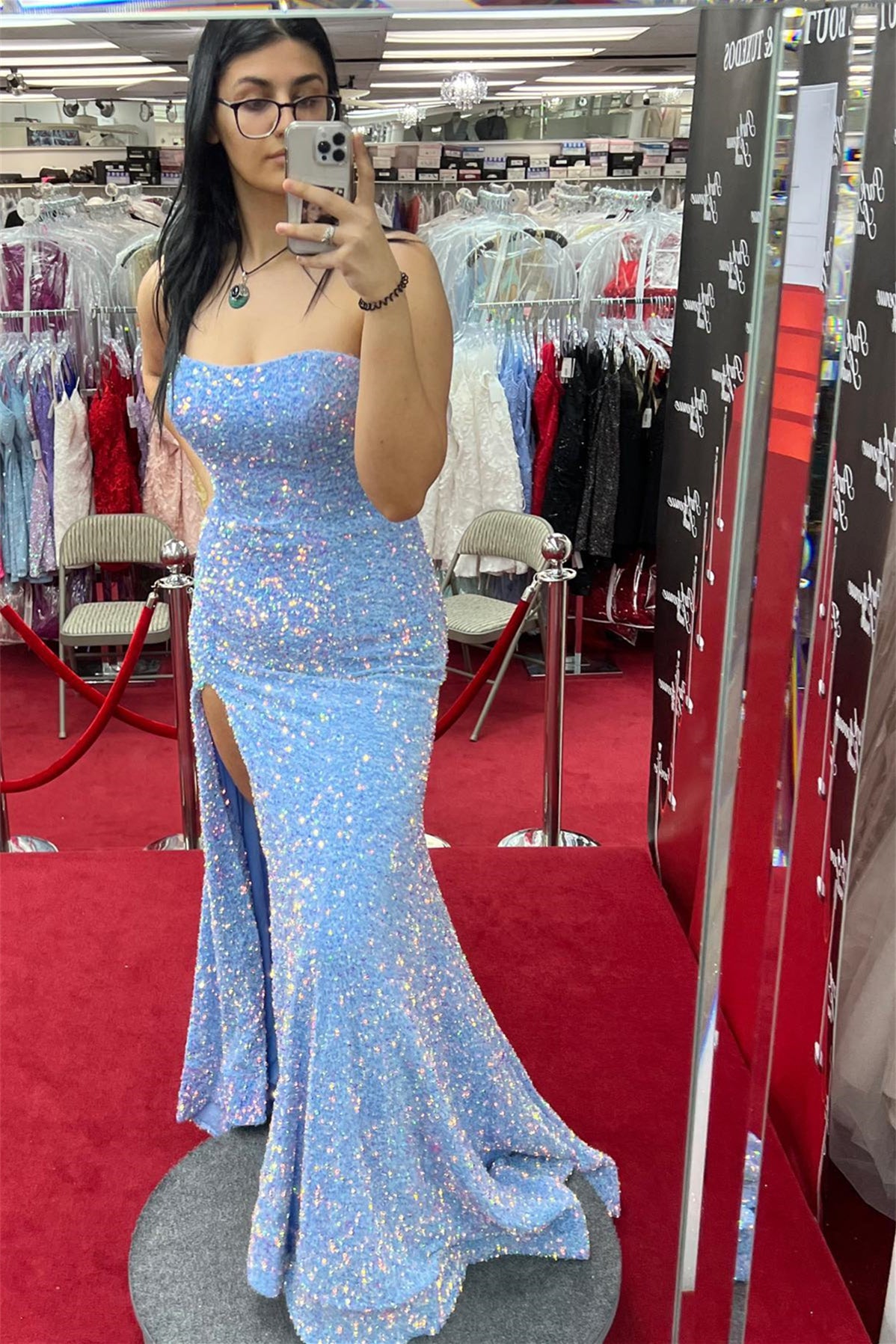 Light Blue Sequin Mermaid Long Prom Dress with Slit