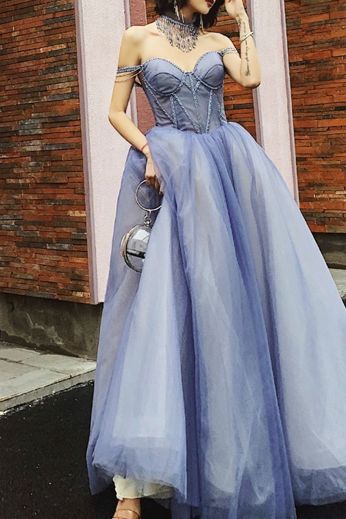 Off the Shoulder Blue Long Prom Dress