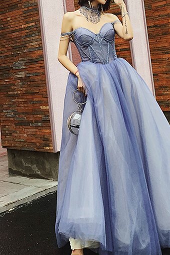 Off the Shoulder Blue Long Prom Dress