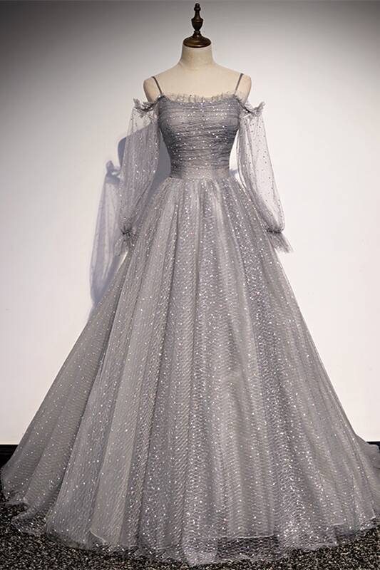 Unqiue Long Sleeves Shiny Grey Starry Formal Dress