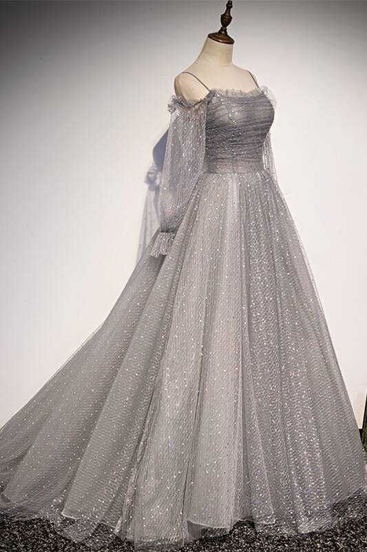 Unqiue Long Sleeves Shiny Grey Starry Formal Dress