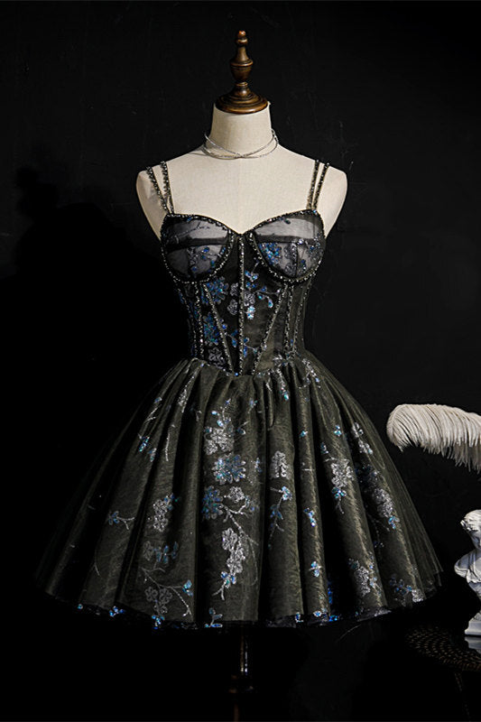 A-line Black and Blue Seqins Short Party Dress