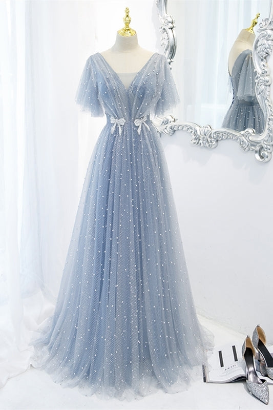 Soft Light Blue Tulle Long Formal Dress with Flutter Sleeves