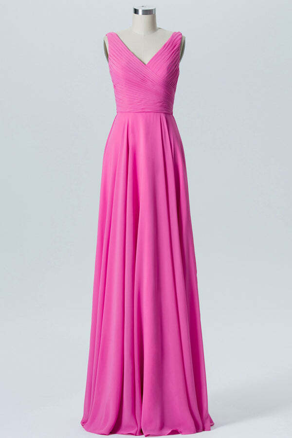 Bright Pink Chiffon Pleated A-line Long Bridesmaid Dress – Dressesforparty