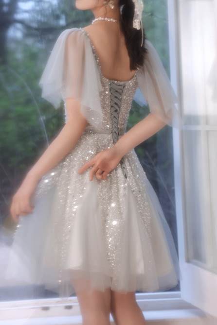 A-line Short Silver Homecoming Dress with Flutter Sleeves
