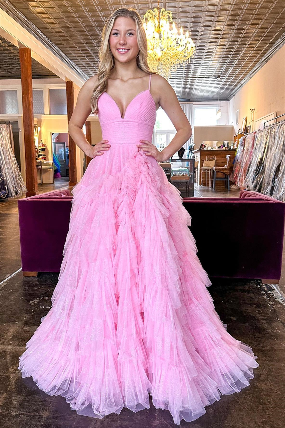 Pink Tiered Layers A-line Long Formal Dress