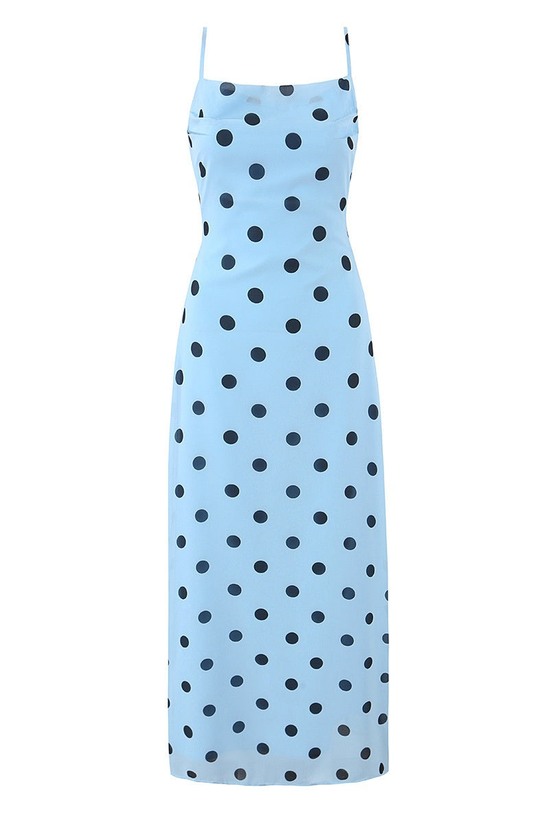 Blue Polka Dot Maxi Dress with Spaghetti Straps