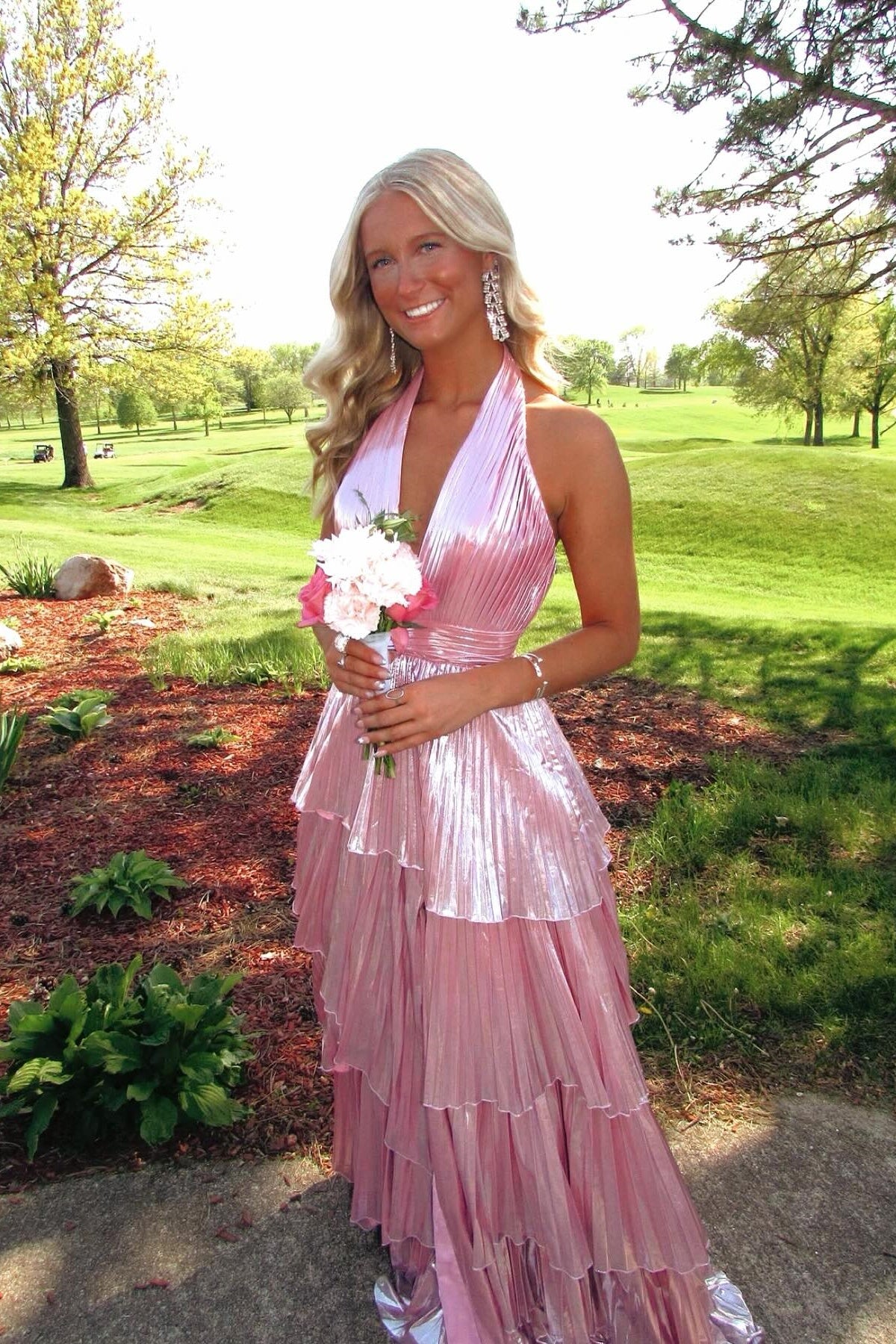 Halter Pink Metallic Pleated Ruffle Long Formal Dress Dressesforparty Halter Pink Metallic Pleated Ruffle Long Formal Dress Dressesforparty