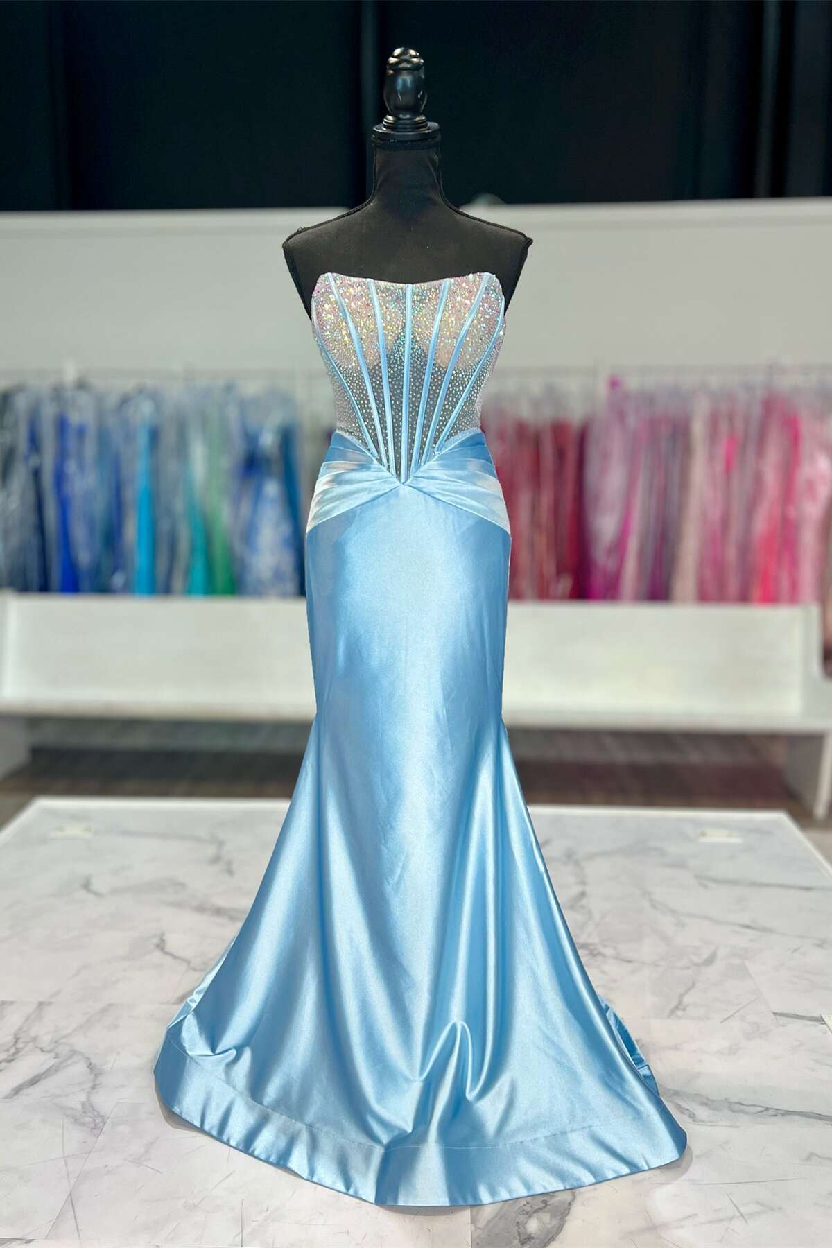 Beaded Corset light Blue Satin Mermaid Formal Dress – Dressesforparty