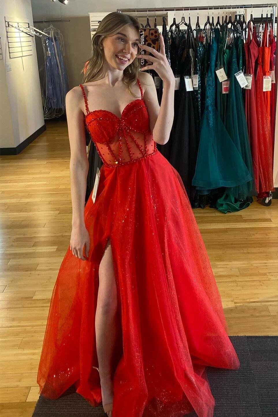 Straps Red Beaded Corset A-line Long Formal Dress with Slit
